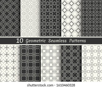 Set of seamless geometric patterns. Black and white line backgrounds collection. Endless repeating linear texture for wallpaper, packaging, banners, invitations, business cards, fabric print