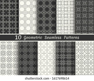 Set of seamless geometric patterns. Black and white line backgrounds collection. Endless repeating linear texture for wallpaper, packaging, banners, invitations, business cards, fabric print