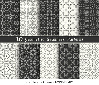 Set of seamless geometric patterns. Black and white line backgrounds collection. Endless repeating linear texture for wallpaper, packaging, banners, invitations, business cards, fabric print