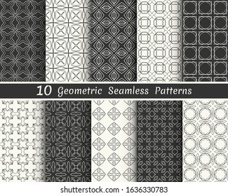 Set of seamless geometric patterns. Black and white line backgrounds collection. Endless repeating linear texture for wallpaper, packaging, banners, invitations, business cards, fabric print