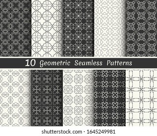 Set of seamless geometric patterns. Black and white line backgrounds collection. Endless repeating linear texture for wallpaper, packaging, banners, invitations, business cards, fabric print