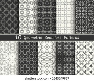 Set of seamless geometric patterns. Black and white line backgrounds collection. Endless repeating linear texture for wallpaper, packaging, banners, invitations, business cards, fabric print