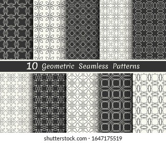 Set of seamless geometric patterns. Black and white line backgrounds collection. Endless repeating linear texture for wallpaper, packaging, banners, invitations, business cards, fabric print