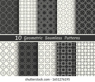 Set of seamless geometric patterns. Black and white line backgrounds collection. Endless repeating linear texture for wallpaper, packaging, banners, invitations, business cards, fabric print