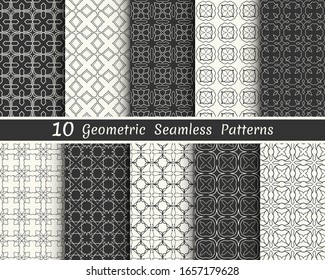 Set of seamless geometric patterns. Black and white line backgrounds collection. Endless repeating linear texture for wallpaper, packaging, banners, invitations, business cards, fabric print