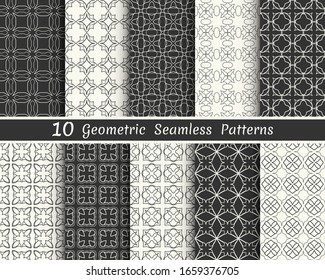 Set of seamless geometric patterns. Black and white line backgrounds collection. Endless repeating linear texture for wallpaper, packaging, banners, invitations, business cards, fabric print