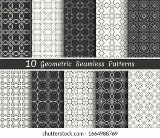 Set of seamless geometric patterns. Black and white line backgrounds collection. Endless repeating linear texture for wallpaper, packaging, banners, invitations, business cards, fabric print