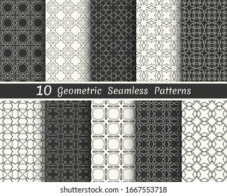 Set of seamless geometric patterns. Black and white line backgrounds collection. Endless repeating linear texture for wallpaper, packaging, banners, invitations, business cards, fabric print