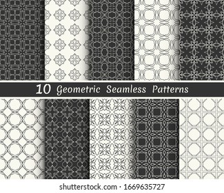 Set of seamless geometric patterns. Black and white line backgrounds collection. Endless repeating linear texture for wallpaper, packaging, banners, invitations, business cards, fabric print