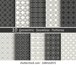 Set of seamless geometric patterns. Black and white line backgrounds collection. Endless repeating linear texture for wallpaper, packaging, banners, invitations, business cards, fabric print