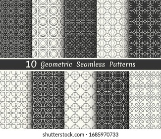 Set of seamless geometric patterns. Black and white line backgrounds collection. Endless repeating linear texture for wallpaper, packaging, banners, invitations, business cards, fabric print