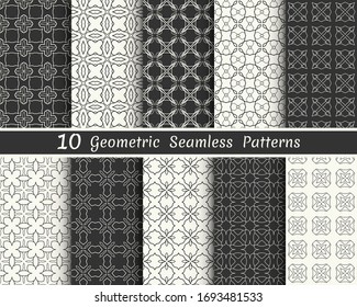 Set of seamless geometric patterns. Black and white line backgrounds collection. Endless repeating linear texture for wallpaper, packaging, banners, invitations, business cards, fabric print