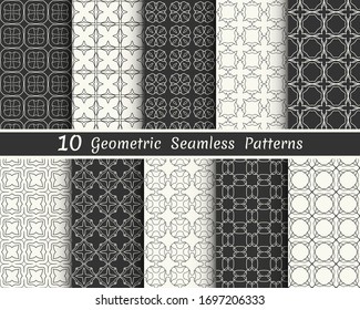 Set of seamless geometric patterns. Black and white line backgrounds collection. Endless repeating linear texture for wallpaper, packaging, banners, invitations, business cards, fabric print