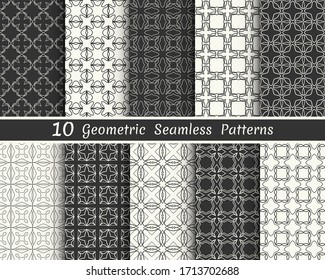 Set of seamless geometric patterns. Black and white line backgrounds collection. Endless repeating linear texture for wallpaper, packaging, banners, invitations, business cards, fabric print
