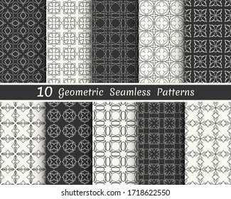 Set of seamless geometric patterns. Black and white line backgrounds collection. Endless repeating linear texture for wallpaper, packaging, banners, invitations, business cards, fabric print