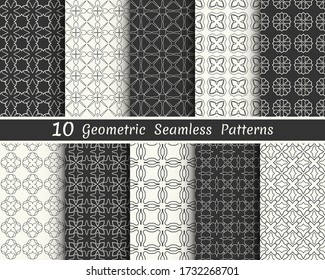 Set of seamless geometric patterns. Black and white line backgrounds collection. Endless repeating linear texture for wallpaper, packaging, banners, invitations, business cards, fabric print