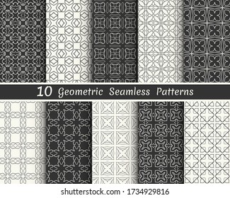 Set of seamless geometric patterns. Black and white line backgrounds collection. Endless repeating linear texture for wallpaper, packaging, banners, invitations, business cards, fabric print