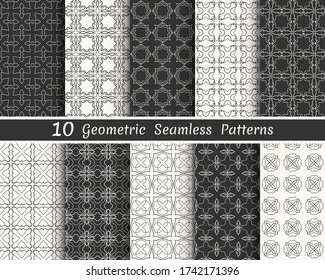 Set of seamless geometric patterns. Black and white line backgrounds collection. Endless repeating linear texture for wallpaper, packaging, banners, invitations, business cards, fabric print