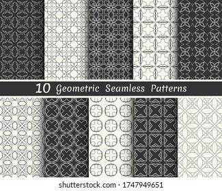Set of seamless geometric patterns. Black and white line backgrounds collection. Endless repeating linear texture for wallpaper, packaging, banners, invitations, business cards, fabric print