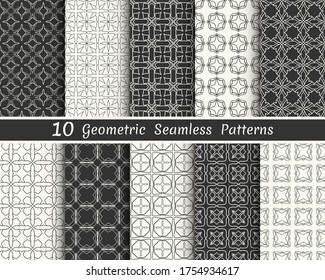 Set of seamless geometric patterns. Black and white line backgrounds collection. Endless repeating linear texture for wallpaper, packaging, banners, invitations, business cards, fabric print