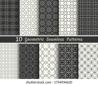 Set of seamless geometric patterns. Black and white line backgrounds collection. Endless repeating linear texture for wallpaper, packaging, banners, invitations, business cards, fabric print