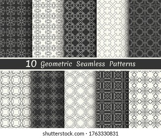 Set of seamless geometric patterns. Black and white line backgrounds collection. Endless repeating linear texture for wallpaper, packaging, banners, invitations, business cards, fabric print