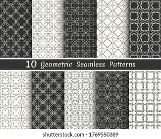 Set of seamless geometric patterns. Black and white line backgrounds collection. Endless repeating linear texture for wallpaper, packaging, banners, invitations, business cards, fabric print