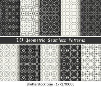 Set of seamless geometric patterns. Black and white line backgrounds collection. Endless repeating linear texture for wallpaper, packaging, banners, invitations, business cards, fabric print