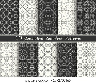 Set of seamless geometric patterns. Black and white line backgrounds collection. Endless repeating linear texture for wallpaper, packaging, banners, invitations, business cards, fabric print