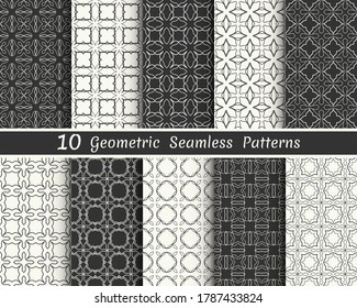 Set of seamless geometric patterns. Black and white line backgrounds collection. Endless repeating linear texture for wallpaper, packaging, banners, invitations, business cards, fabric print