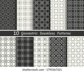 Set of seamless geometric patterns. Black and white line backgrounds collection. Endless repeating linear texture for wallpaper, packaging, banners, invitations, business cards, fabric print