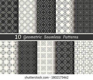 Set of seamless geometric patterns. Black and white line backgrounds collection. Endless repeating linear texture for wallpaper, packaging, banners, invitations, business cards, fabric print