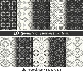 Set of seamless geometric patterns. Black and white line backgrounds collection. Endless repeating linear texture for wallpaper, packaging, banners, invitations, business cards, fabric print