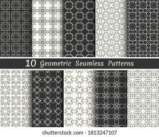 Set of seamless geometric patterns. Black and white line backgrounds collection. Endless repeating linear patterns for wallpaper, packaging, banners, invitations, business cards, fabric print