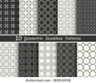 Set of seamless geometric patterns. Black and white line backgrounds collection. Endless repeating linear texture for wallpaper, packaging, banners, invitations, business cards, fabric print