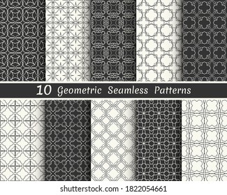 Set of seamless geometric patterns. Black and white line backgrounds collection. Endless repeating linear texture for wallpaper, packaging, banners, invitations, business cards, fabric print