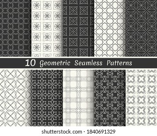 Set of seamless geometric patterns. Black and white line backgrounds collection. Endless repeating linear texture for wallpaper, packaging, banners, invitations, business cards, fabric print