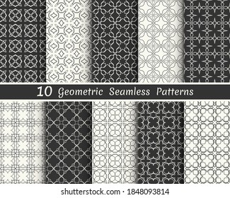 Set of seamless geometric patterns. Black and white line backgrounds collection. Endless repeating linear texture for wallpaper, packaging, banners, invitations, business cards, fabric print