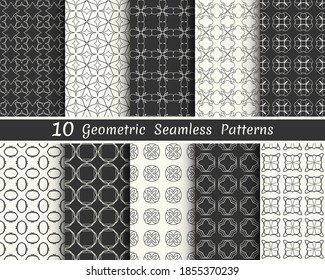 Conjunto de patrones geométricos sin fisuras. Colección de fondo de línea blanca y negra. Textura lineal repetitiva sin fin para papel pintado, embalaje, banners, invitaciones, tarjetas de visita, impresión de tela