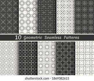 Set of seamless geometric patterns. Black and white line backgrounds collection. Endless repeating linear texture for wallpaper, packaging, banners, invitations, business cards, fabric print