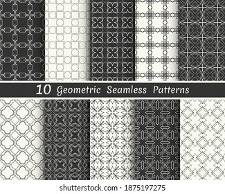 Conjunto de patrones geométricos sin fisuras. Colección de fondo de línea blanca y negra. Textura lineal repetitiva sin fin para papel pintado, embalaje, banners, invitaciones, tarjetas de visita, impresión de tela