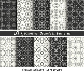 Set of seamless geometric patterns. Black and white line backgrounds collection. Endless repeating linear texture for wallpaper, packaging, banners, invitations, business cards, fabric print