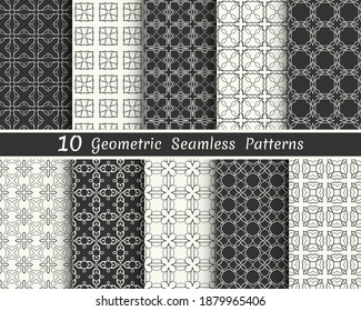 Set of seamless geometric patterns. Black and white line backgrounds collection. Endless repeating linear texture for wallpaper, packaging, banners, invitations, business cards, fabric print