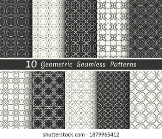 Set of seamless geometric patterns. Black and white line backgrounds collection. Endless repeating linear texture for wallpaper, packaging, banners, invitations, business cards, fabric print
