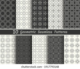 Set of seamless geometric patterns. Black and white line backgrounds collection. Endless repeating linear texture for wallpaper, packaging, banners, invitations, business cards, fabric print
