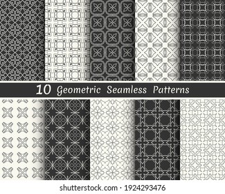 Set of seamless geometric patterns. Black and white line backgrounds collection. Endless repeating linear texture for wallpaper, packaging, banners, invitations, business cards, fabric print