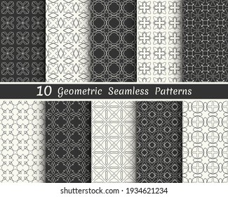 Satz nahtloser geometrischer Muster. Schwarz-Weiß-Hintergründe-Kollektion. Endlos wiederholte lineare Struktur für Bildschirmhintergründe, Verpackungen, Banner, Einladungen, Visitenkarten, Stoffdruck