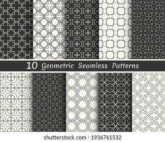 Set of seamless geometric patterns. Black and white line backgrounds collection. Endless repeating linear texture for wallpaper, packaging, banners, invitations, business cards, fabric print