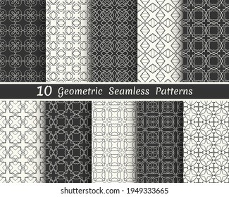 Set of seamless geometric patterns. Black and white line backgrounds collection. Endless repeating linear texture for wallpaper, packaging, banners, invitations, business cards, fabric print