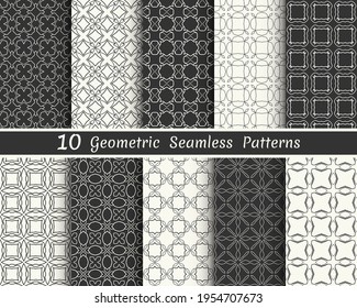 Set of seamless geometric patterns. Black and white line backgrounds collection. Endless repeating linear texture for wallpaper, packaging, banners, invitations, business cards, fabric print